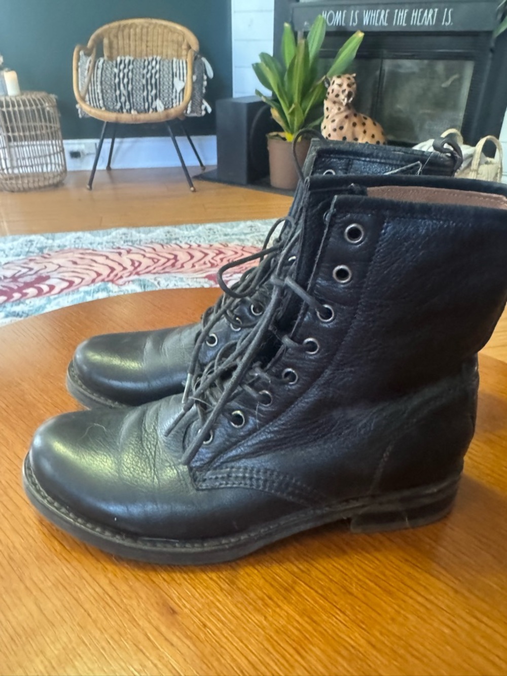 FRYE Women’s Black Leather Lace-Up Combat Boots